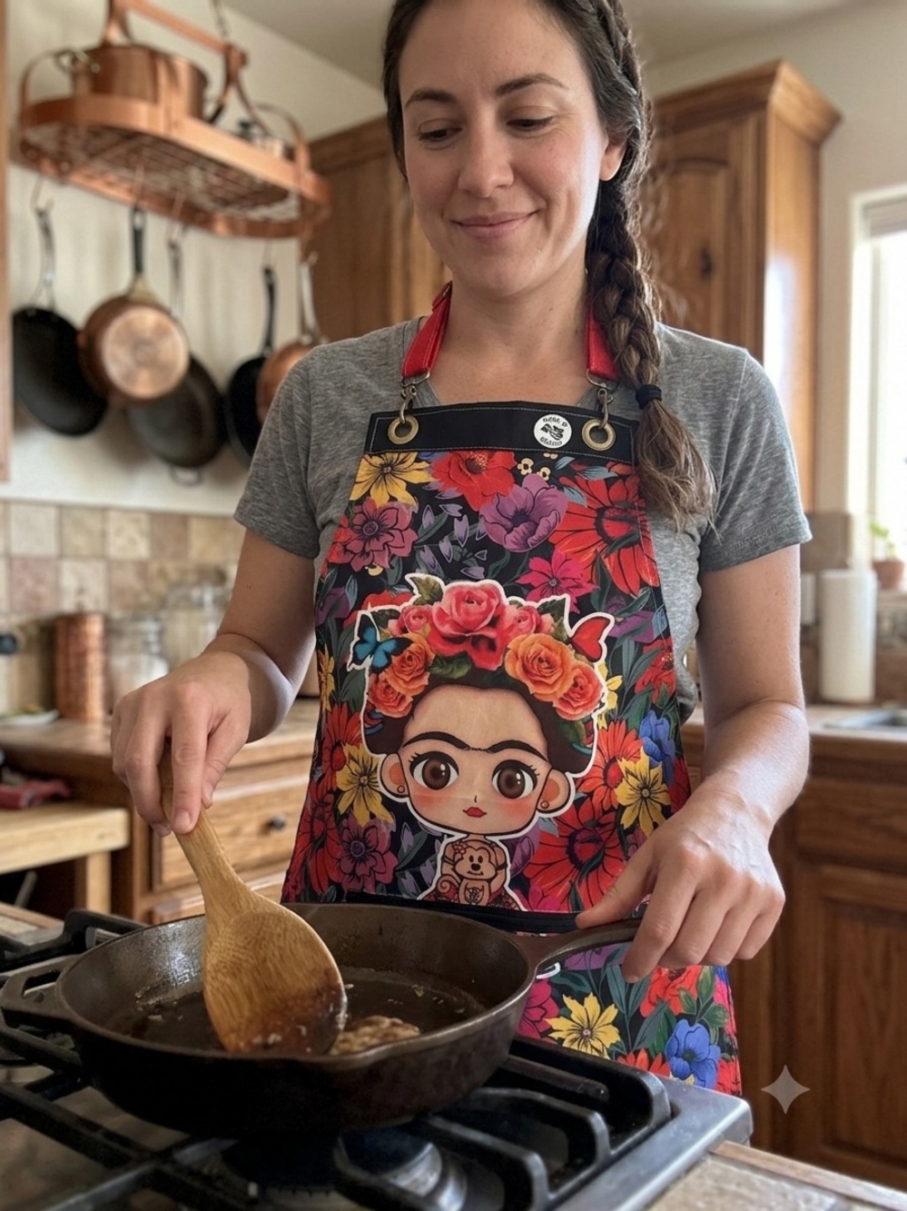 New Frida Kahlo Chibi Graphic Floral Cooking Apron - Multicolored NWT